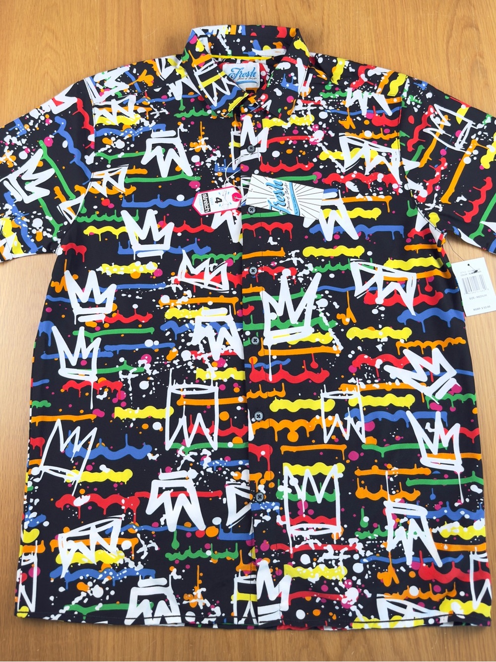 Fresh POBA Black Short-Sleeve Button-Down Shirt with Multicolor Graffiti Crown